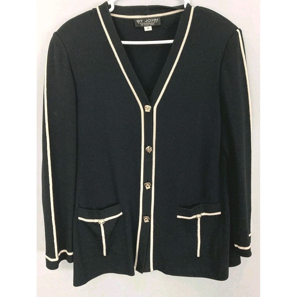 Vtg St. John Collection Cardigan Sweater Women 12 Blk Santana Knit Trim Pocket